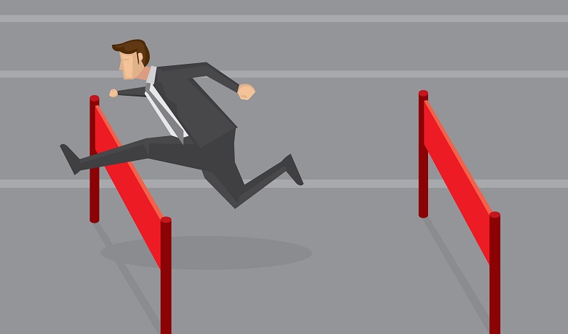 Vector illustration of a businessman running and jumping hurdles. Conceptual design for overcoming difficulties in business.