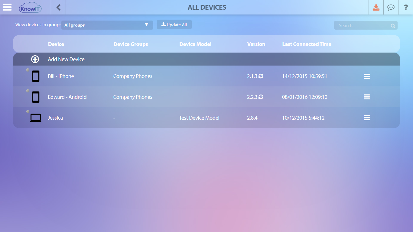 KnowIT devices page for managing peripherals and restricting USB device connections on Windows