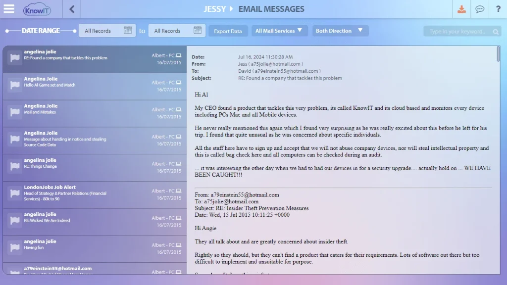KnowIT email activity monitoring screenshot
