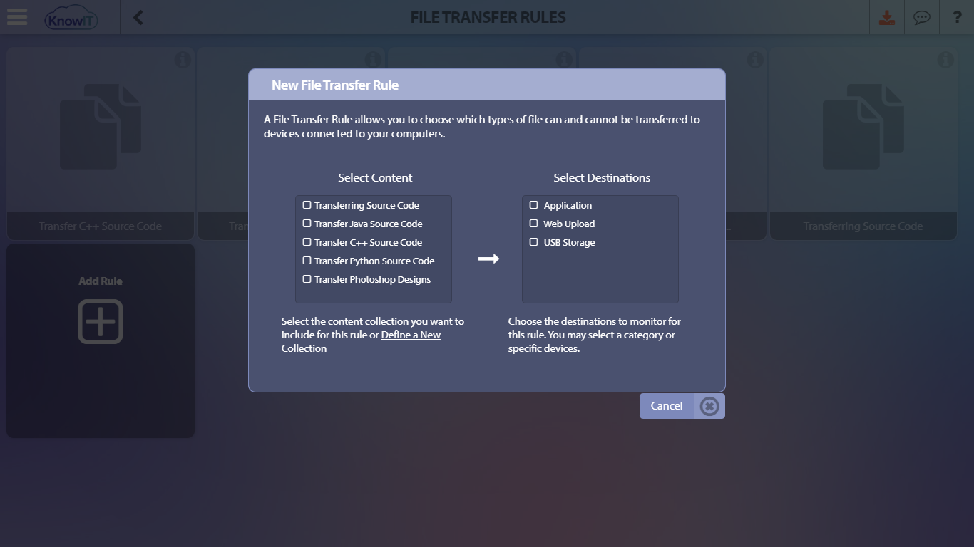 KnowIT file transfer rules page showing how to configure alerts for USB and cloud transfers of sensitive files