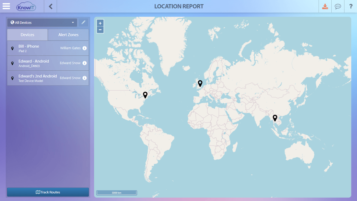 Location report showing a company Android phone's movement history for field technician monitoring